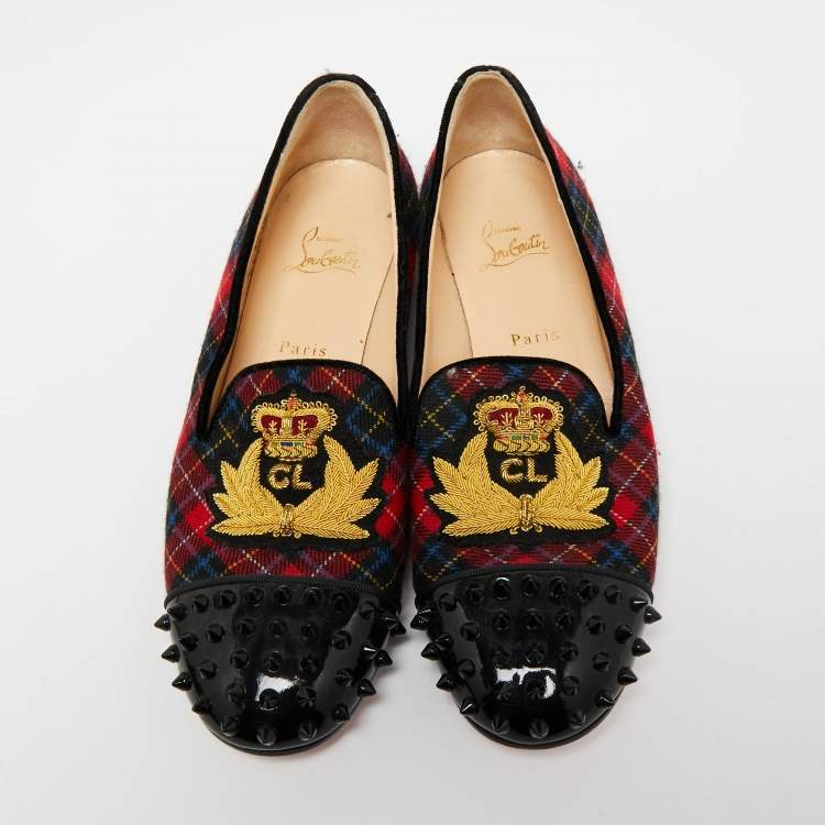 Pre Owned Christian Louboutin Multicolor Fabric and Patent Leather Spiked Intern Loafers Size 41.5