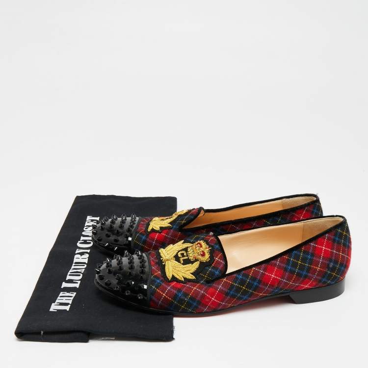 Pre Owned Christian Louboutin Multicolor Fabric and Patent Leather Spiked Intern Loafers Size 41.5