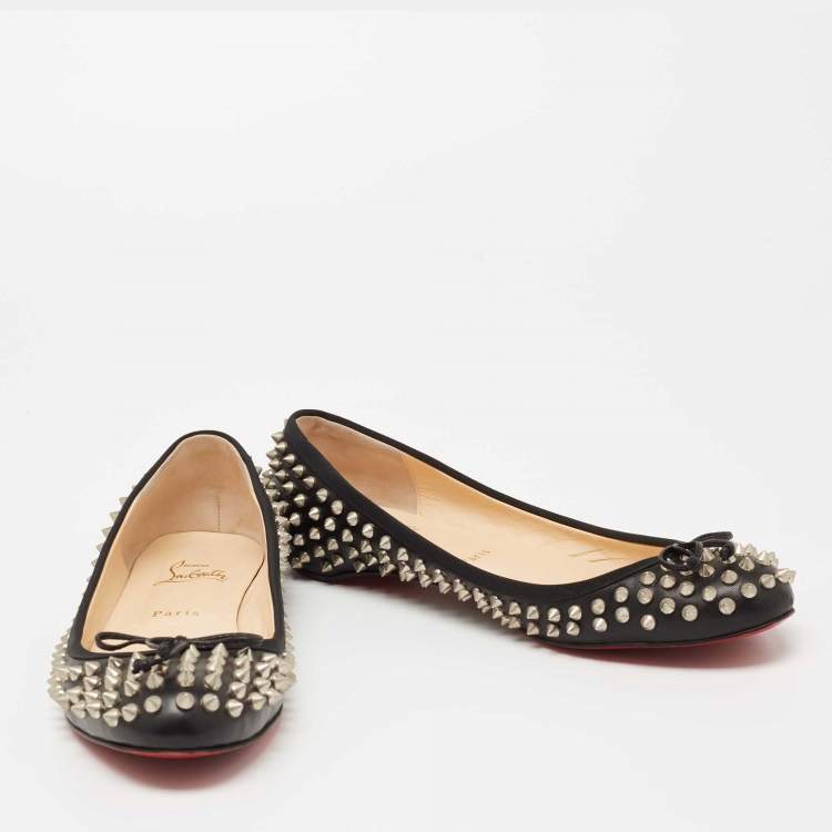 Pre Owned Christian Louboutin Black Leather Spike Ballet Flats Size 40.5