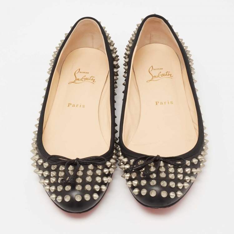 Pre Owned Christian Louboutin Black Leather Spike Ballet Flats Size 40.5