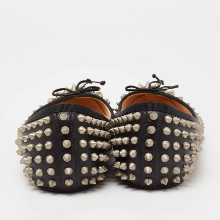 Pre Owned Christian Louboutin Black Leather Spike Ballet Flats Size 40.5