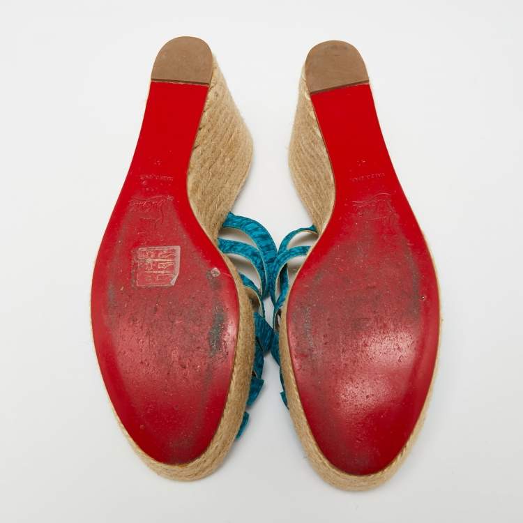 Pre Owned Christian Louboutin Two-Tone Pleated Fabric Crepon Espadrille Platform Wedge Sandals Size 41