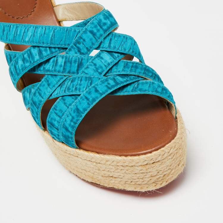Pre Owned Christian Louboutin Two-Tone Pleated Fabric Crepon Espadrille Platform Wedge Sandals Size 41