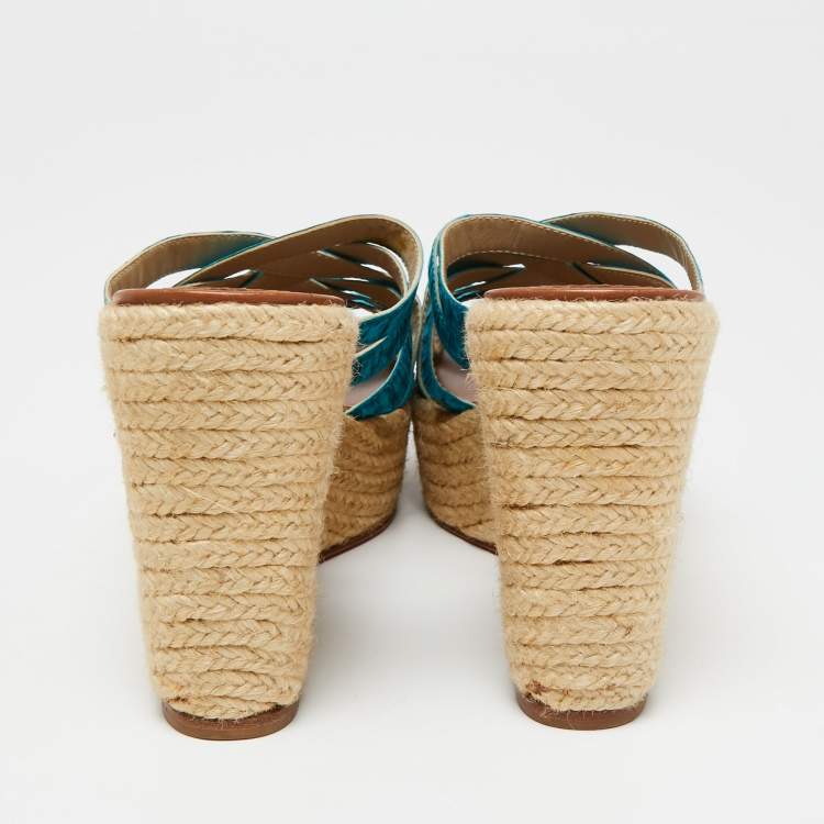 Pre Owned Christian Louboutin Two-Tone Pleated Fabric Crepon Espadrille Platform Wedge Sandals Size 41