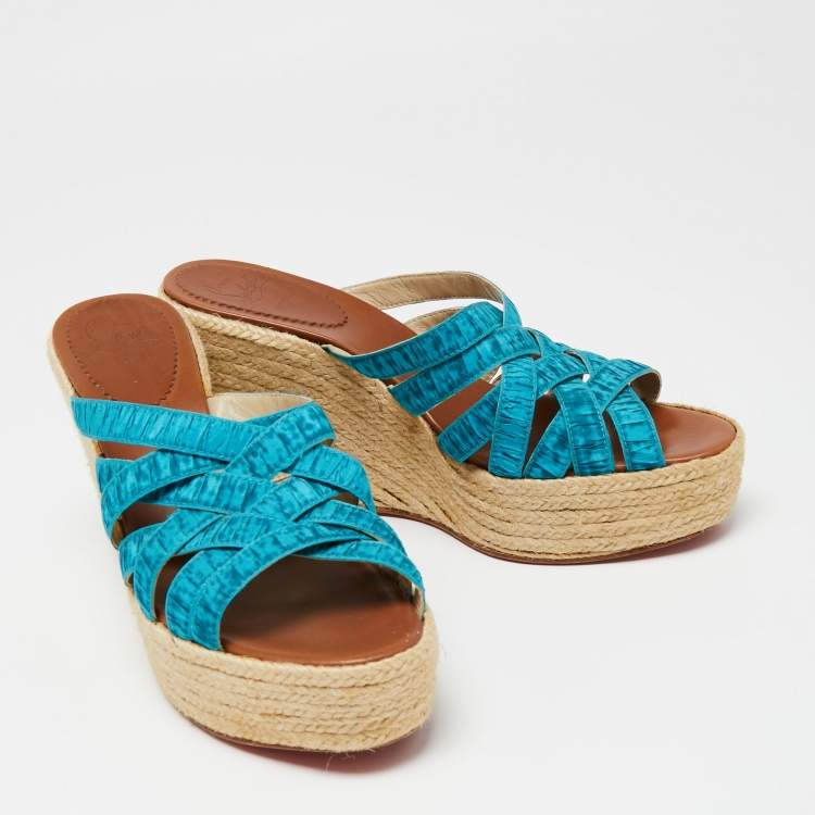 Pre Owned Christian Louboutin Two-Tone Pleated Fabric Crepon Espadrille Platform Wedge Sandals Size 41