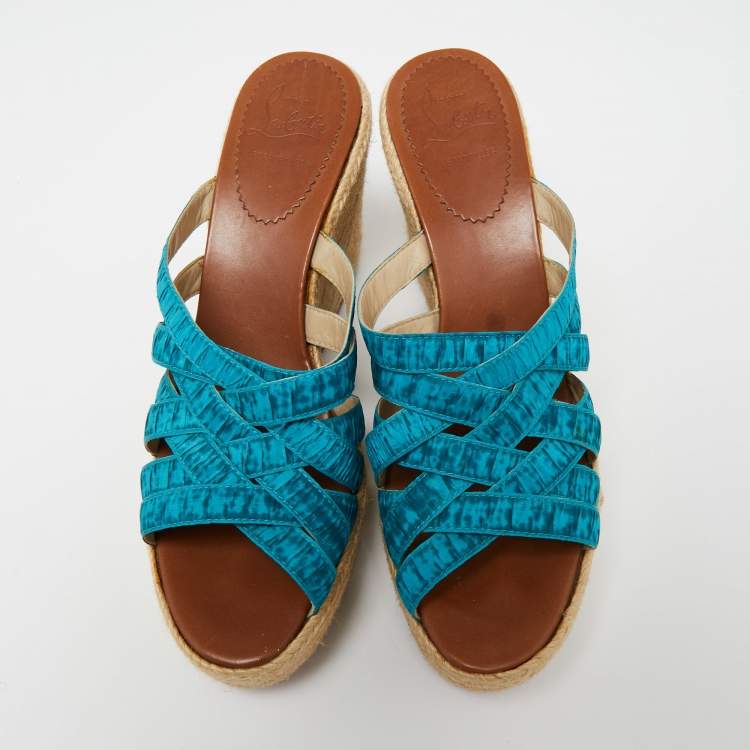 Pre Owned Christian Louboutin Two-Tone Pleated Fabric Crepon Espadrille Platform Wedge Sandals Size 41