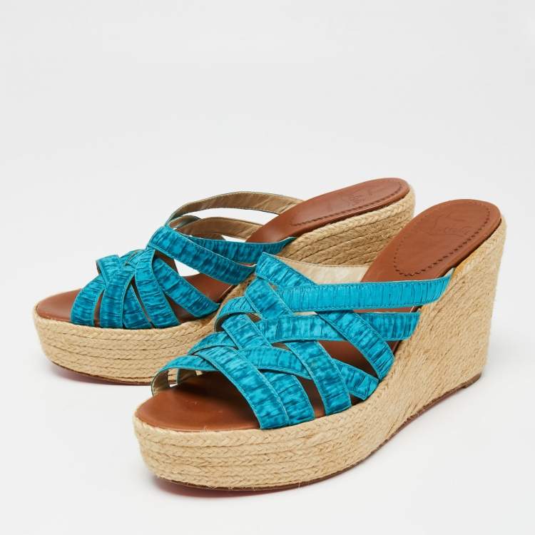 Pre Owned Christian Louboutin Two-Tone Pleated Fabric Crepon Espadrille Platform Wedge Sandals Size 41