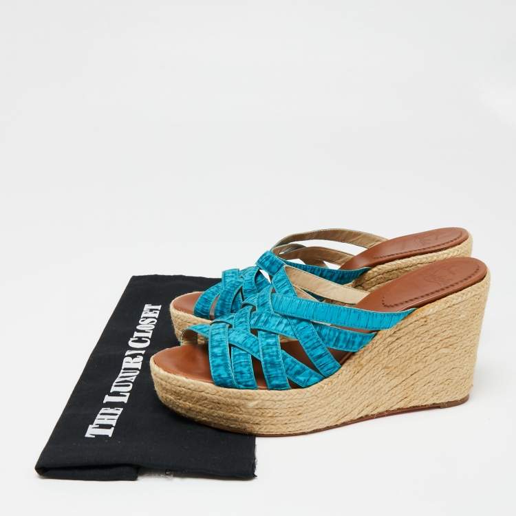 Pre Owned Christian Louboutin Two-Tone Pleated Fabric Crepon Espadrille Platform Wedge Sandals Size 41