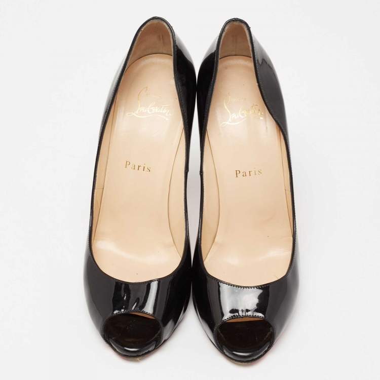 Pre Owned Christian Louboutin Black Patent Leather Flo Peep-Toe Pumps Size 39.5