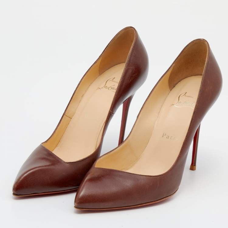 Pre Owned Christian Louboutin Dark Brown Leather Corneille Pointed Toe Pumps Size 38.5