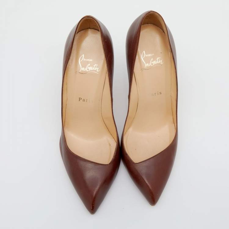 Pre Owned Christian Louboutin Dark Brown Leather Corneille Pointed Toe Pumps Size 38.5
