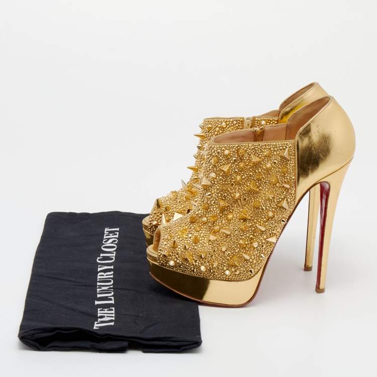 Pre Owned Christian Louboutin Metallic Gold Leather Bridget's Back Spike Peep Toe Booties Size 38.5