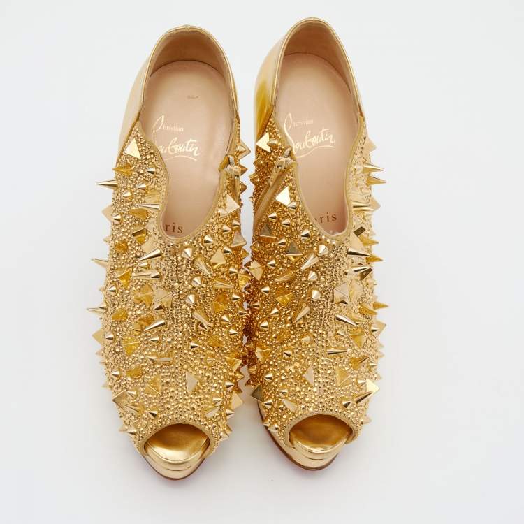 Pre Owned Christian Louboutin Metallic Gold Leather Bridget's Back Spike Peep Toe Booties Size 38.5