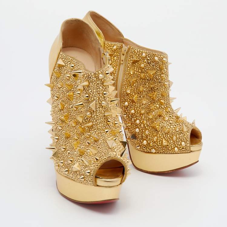 Pre Owned Christian Louboutin Metallic Gold Leather Bridget's Back Spike Peep Toe Booties Size 38.5