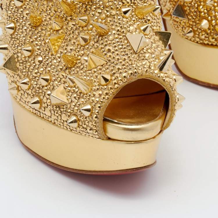Pre Owned Christian Louboutin Metallic Gold Leather Bridget's Back Spike Peep Toe Booties Size 38.5