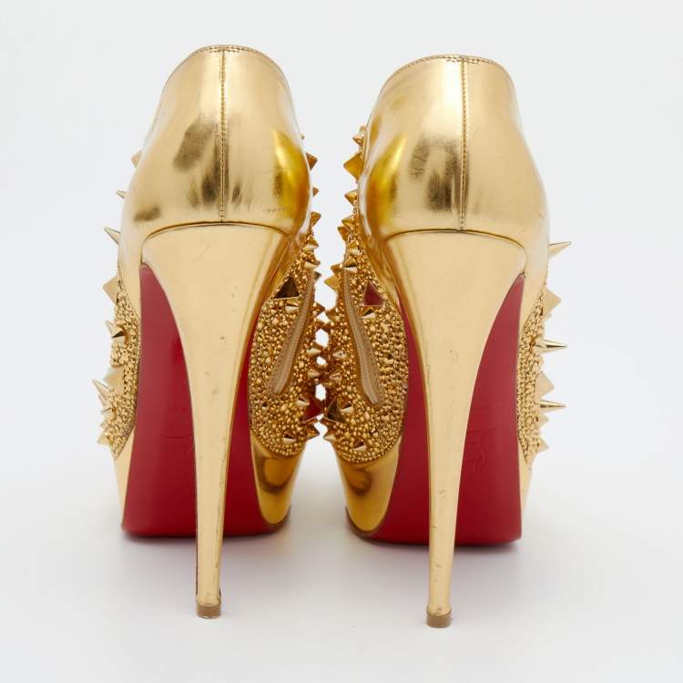 Pre Owned Christian Louboutin Metallic Gold Leather Bridget's Back Spike Peep Toe Booties Size 38.5
