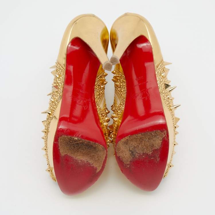 Pre Owned Christian Louboutin Metallic Gold Leather Bridget's Back Spike Peep Toe Booties Size 38.5