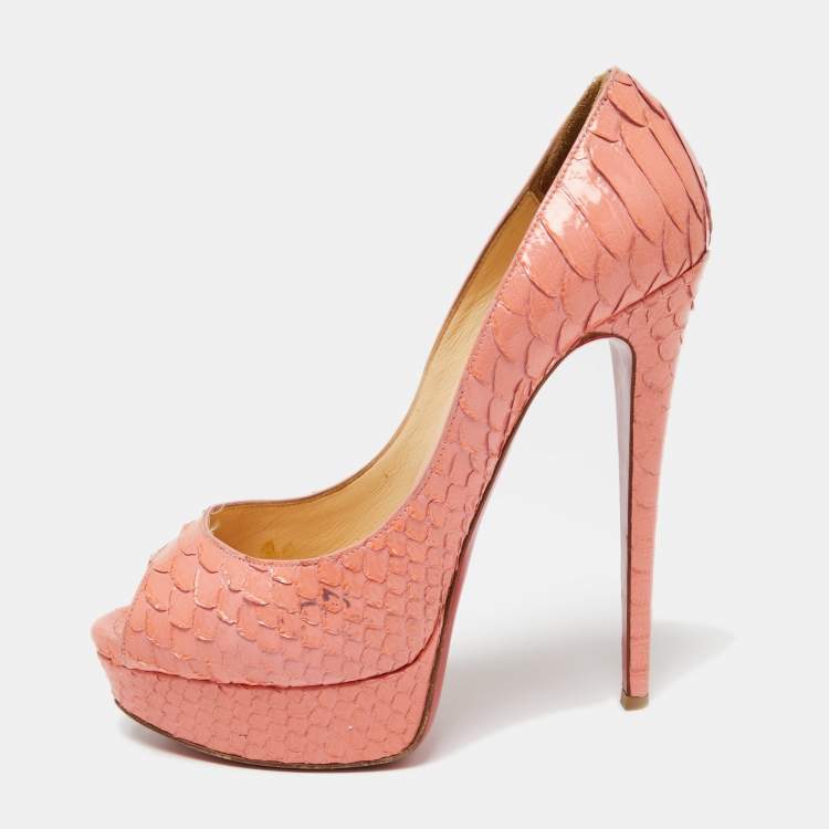Pre Owned Christian Louboutin Peach Pink Python Leather Lady Peep-Toe Platform Pumps Size 38