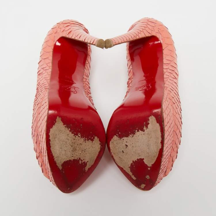 Pre Owned Christian Louboutin Peach Pink Python Leather Lady Peep-Toe Platform Pumps Size 38