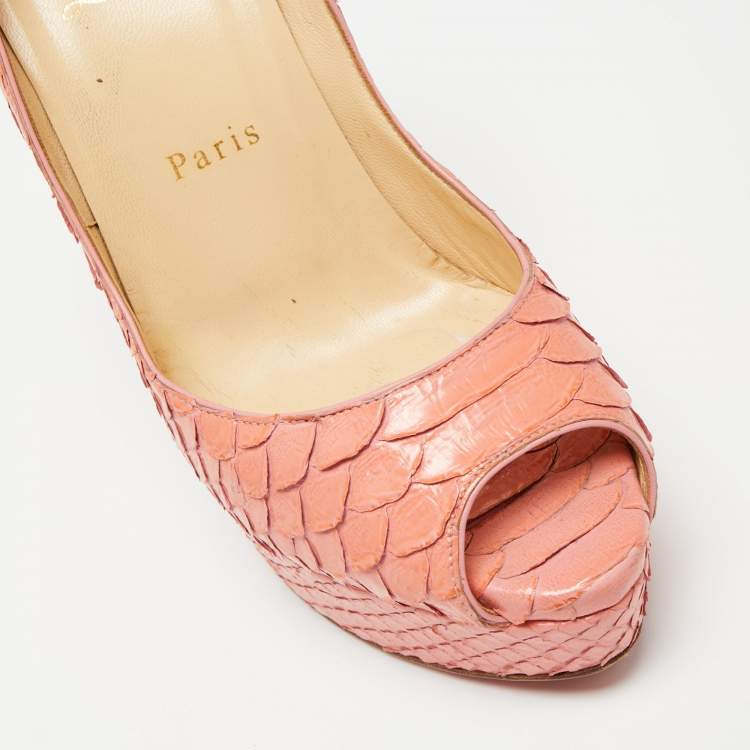 Pre Owned Christian Louboutin Peach Pink Python Leather Lady Peep-Toe Platform Pumps Size 38
