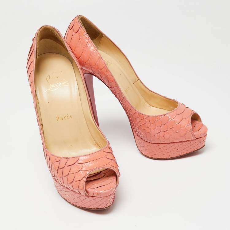 Pre Owned Christian Louboutin Peach Pink Python Leather Lady Peep-Toe Platform Pumps Size 38