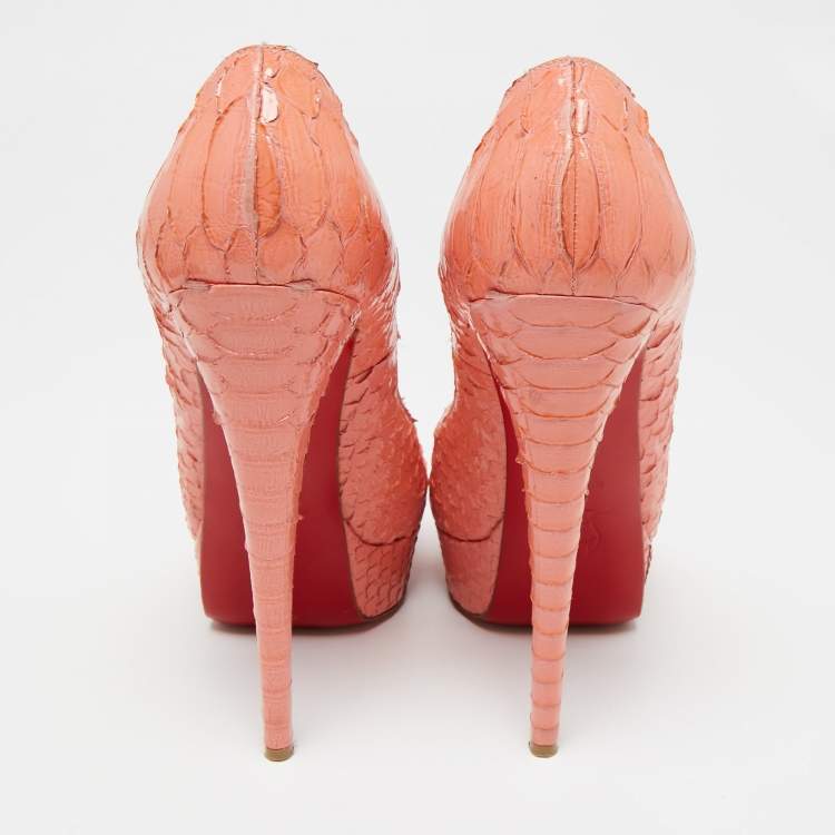 Pre Owned Christian Louboutin Peach Pink Python Leather Lady Peep-Toe Platform Pumps Size 38