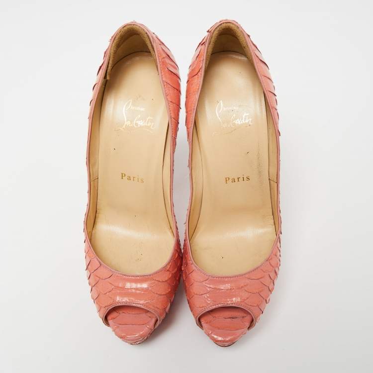 Pre Owned Christian Louboutin Peach Pink Python Leather Lady Peep-Toe Platform Pumps Size 38