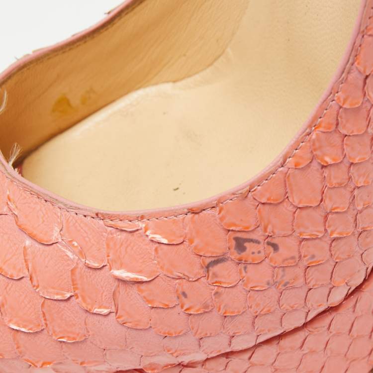 Pre Owned Christian Louboutin Peach Pink Python Leather Lady Peep-Toe Platform Pumps Size 38