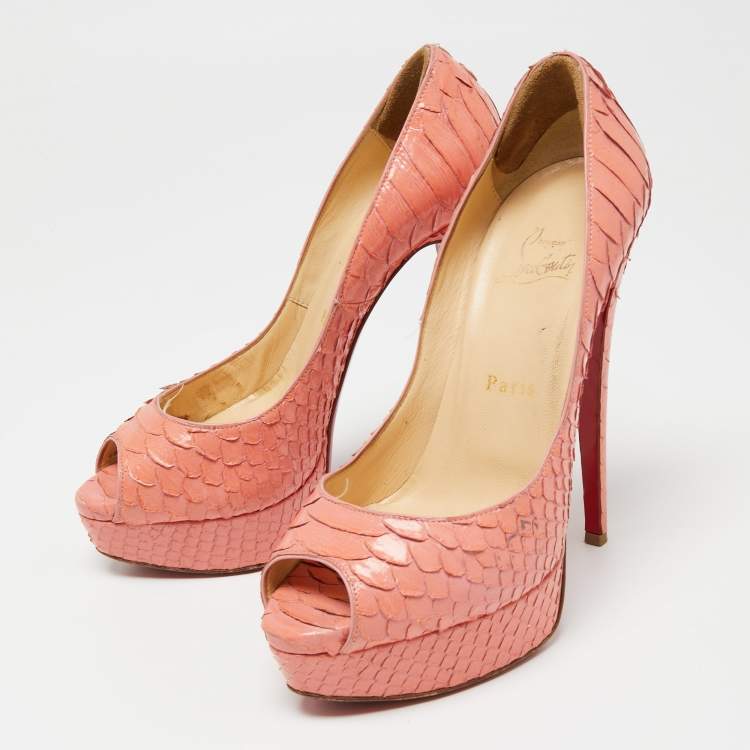 Pre Owned Christian Louboutin Peach Pink Python Leather Lady Peep-Toe Platform Pumps Size 38