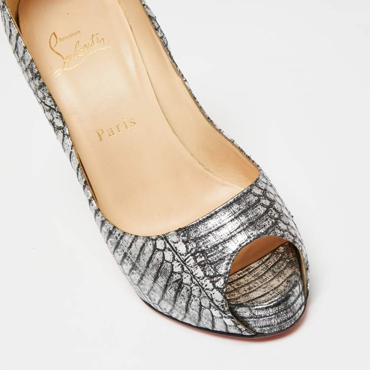 Pre Owned Christian Louboutin Silver/Black Water Snake Leather Very Prive Peep-Toe Pumps Size 37