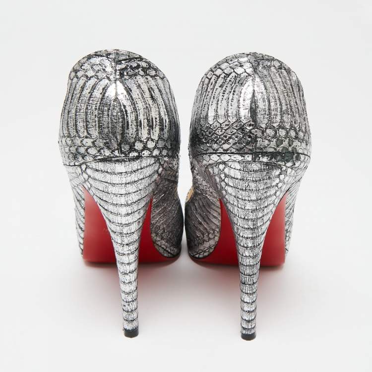 Pre Owned Christian Louboutin Silver/Black Water Snake Leather Very Prive Peep-Toe Pumps Size 37