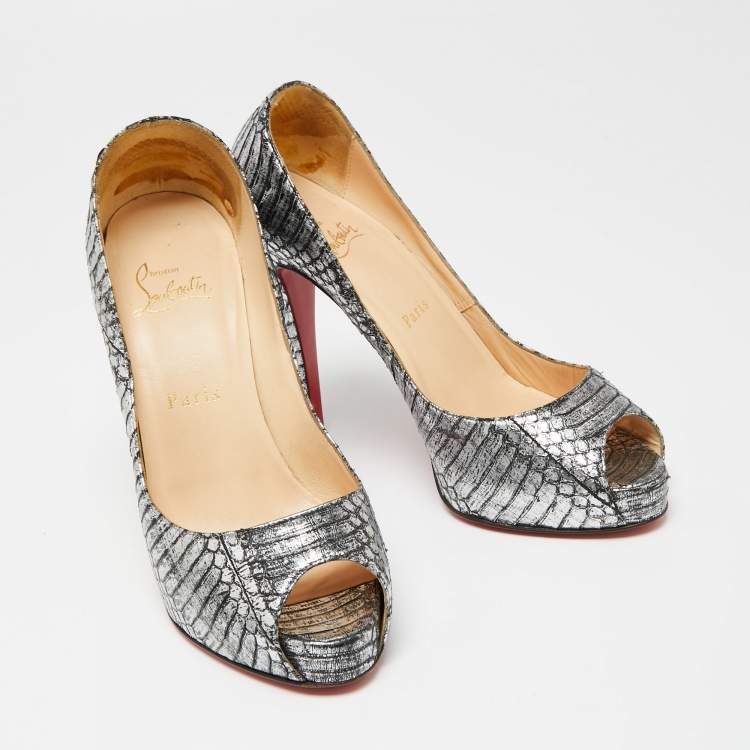 Pre Owned Christian Louboutin Silver/Black Water Snake Leather Very Prive Peep-Toe Pumps Size 37