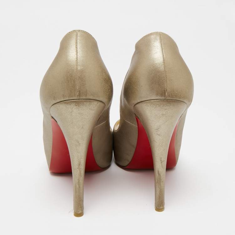 Pre Owned Christian Louboutin Metallic Beige Leather Very Prive Peep-Toe Pumps Size 37.5