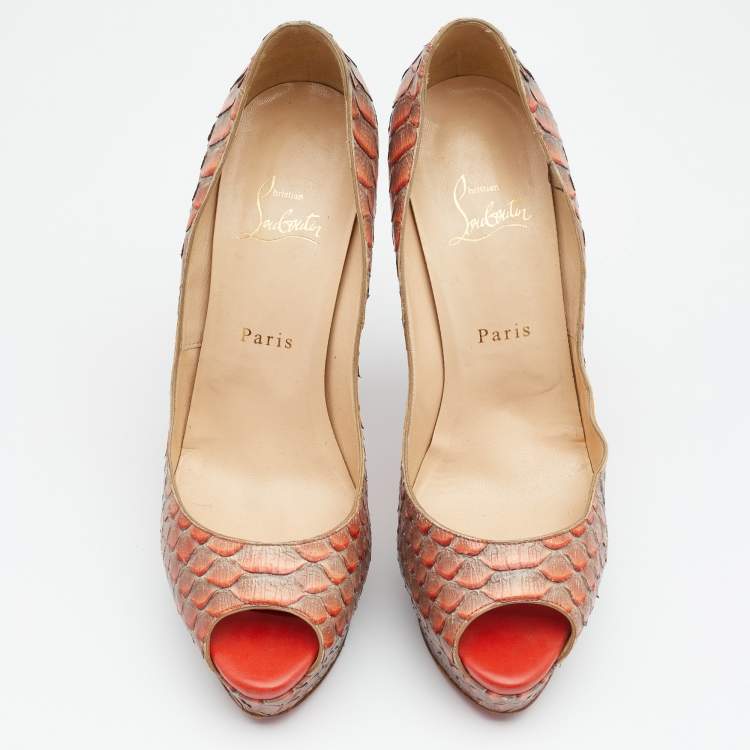 Pre Owned Christian Louboutin Ombre Grey/Orange Python Leather Lady Peep Platform Pumps Size 39.5