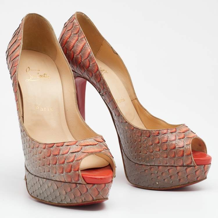 Pre Owned Christian Louboutin Ombre Grey/Orange Python Leather Lady Peep Platform Pumps Size 39.5