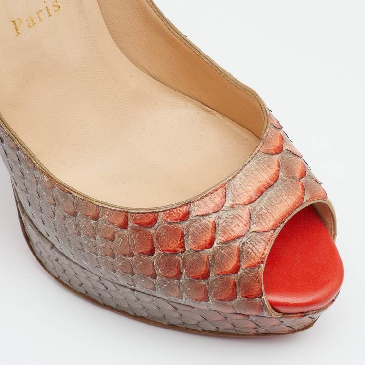 Pre Owned Christian Louboutin Ombre Grey/Orange Python Leather Lady Peep Platform Pumps Size 39.5