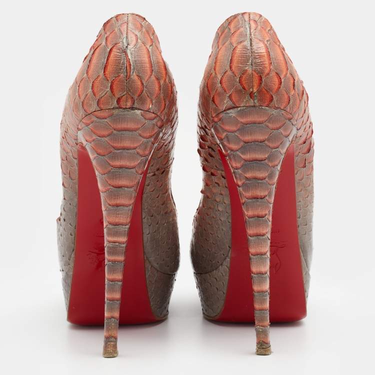 Pre Owned Christian Louboutin Ombre Grey/Orange Python Leather Lady Peep Platform Pumps Size 39.5