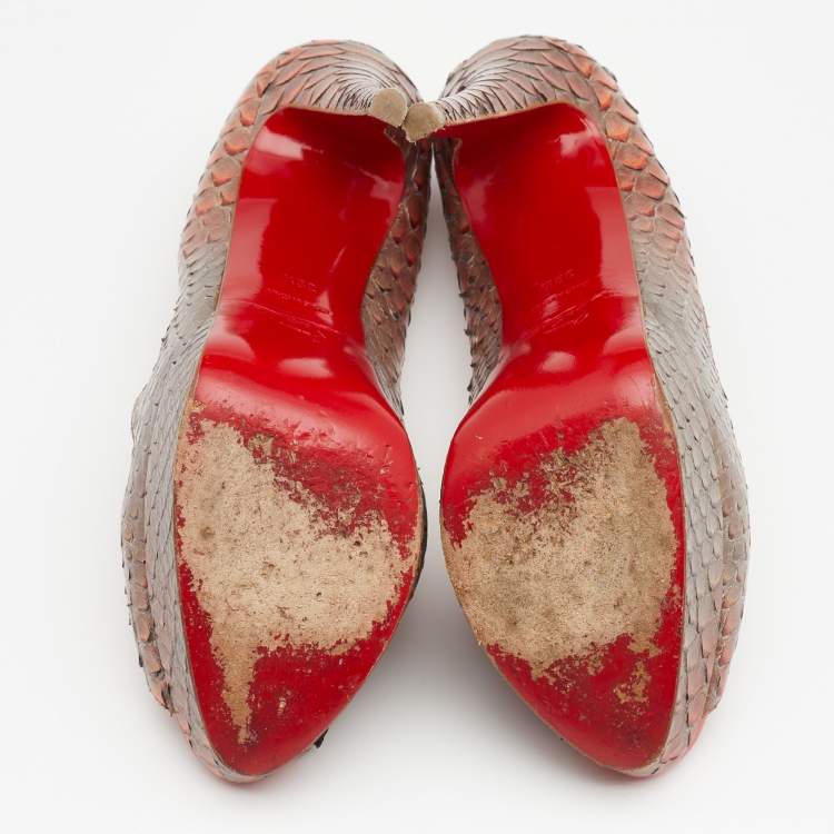 Pre Owned Christian Louboutin Ombre Grey/Orange Python Leather Lady Peep Platform Pumps Size 39.5
