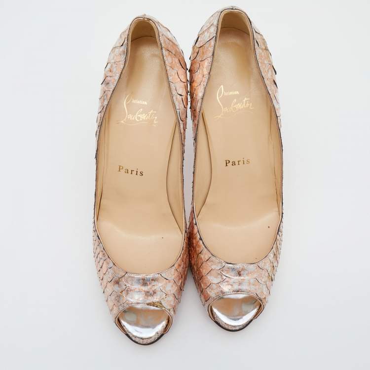 Pre Owned Christian Louboutin Metallic Rose Gold  Python Very Prive Peep Toe Pumps Size 38.5