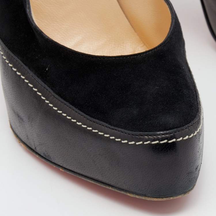 Pre Owned Christian Louboutin Black Suede And Leather Defil Platform Pumps Size 38.5