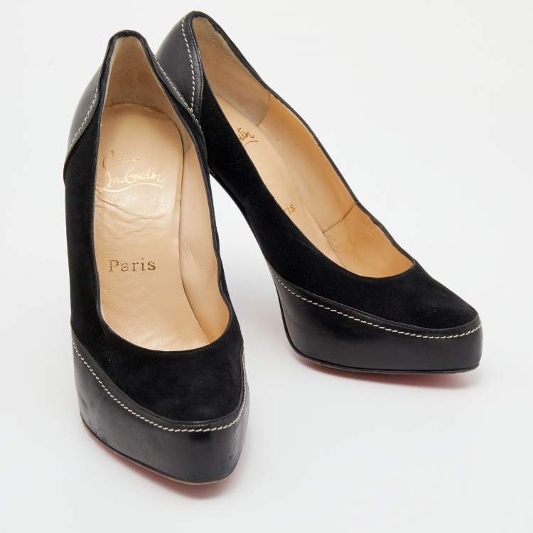 Pre Owned Christian Louboutin Black Suede And Leather Defil Platform Pumps Size 38.5