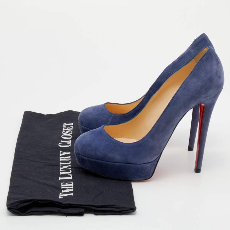 Pre Owned Christian Louboutin Blue Suede Bianca Platform Pumps Size 37.5