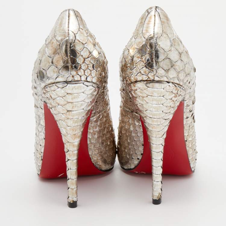 Pre Owned Christian Louboutin Metallic Two-Tone Python Very Prive Peep Toe Pumps Size 38