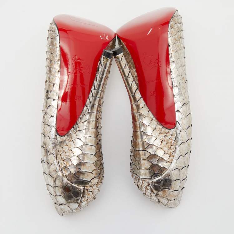 Pre Owned Christian Louboutin Metallic Two-Tone Python Very Prive Peep Toe Pumps Size 38