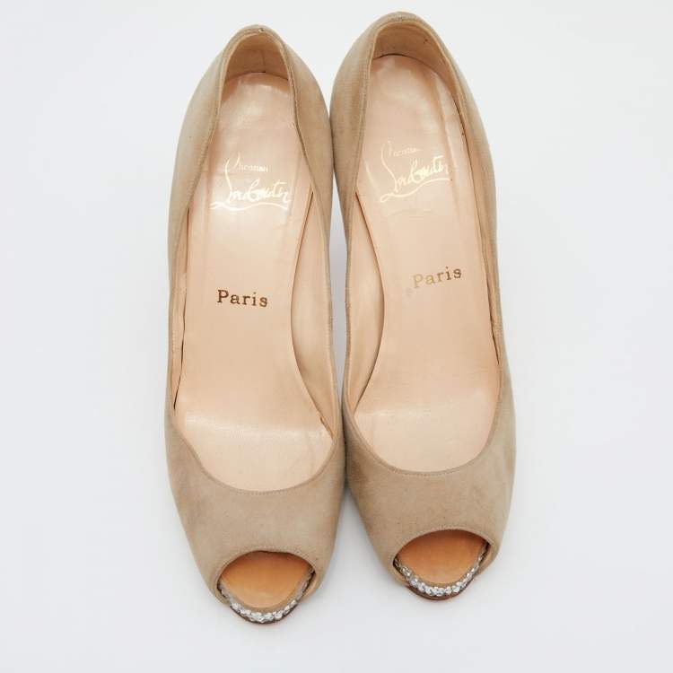 Pre Owned Christian Louboutin Beige Suede Very Prive Crystal Embellished Peep Toe Pumps Size 38.5