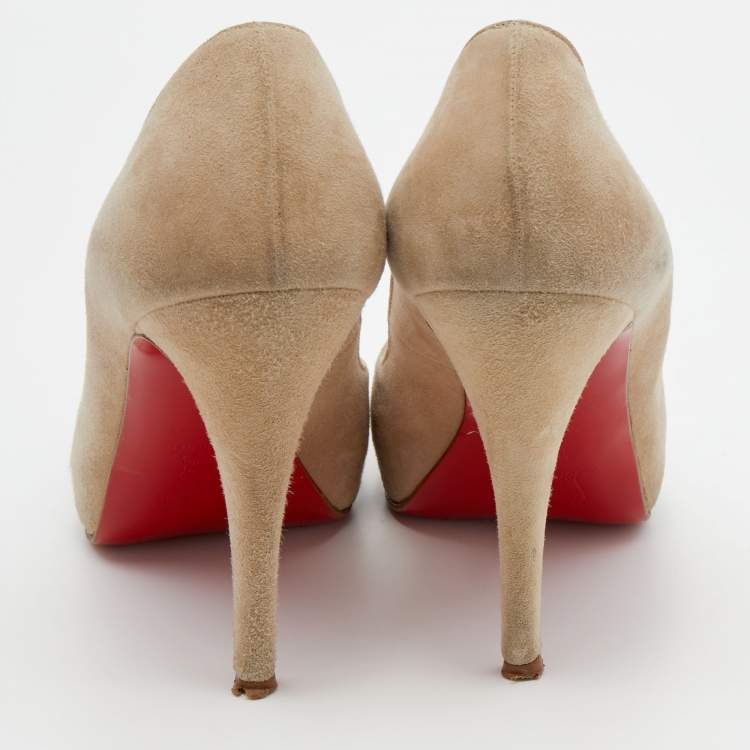 Pre Owned Christian Louboutin Beige Suede Very Prive Crystal Embellished Peep Toe Pumps Size 38.5