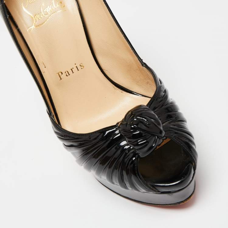 Pre Owned Christian Louboutin Black Patent Leather Jenny Knot Peep-Toe Platform Pumps Size 37