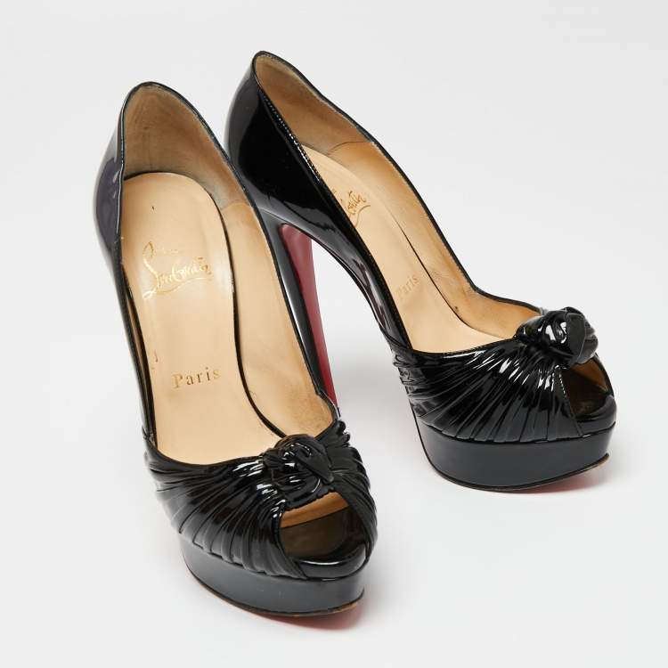 Pre Owned Christian Louboutin Black Patent Leather Jenny Knot Peep-Toe Platform Pumps Size 37