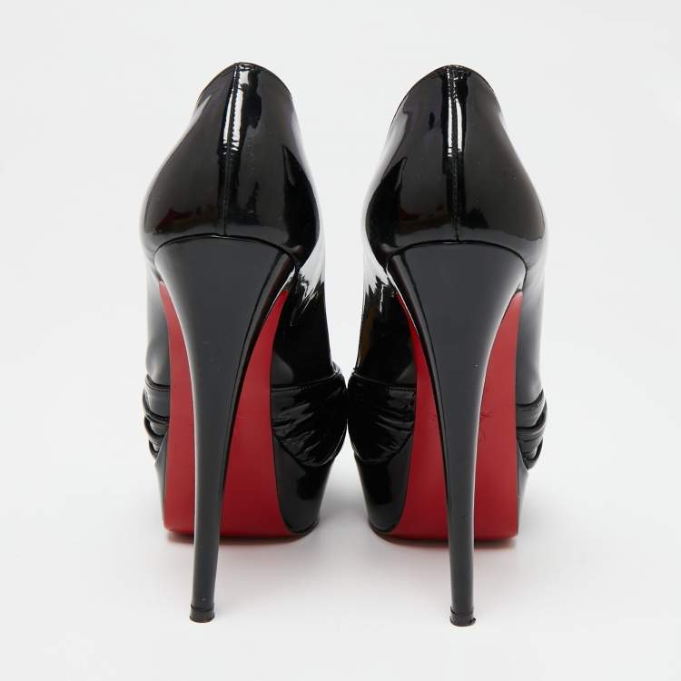 Pre Owned Christian Louboutin Black Patent Leather Jenny Knot Peep-Toe Platform Pumps Size 37