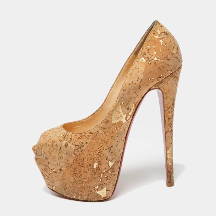 Pre Owned Christian Louboutin Beige Cork Highness Peep-Toe Pumps Size 37